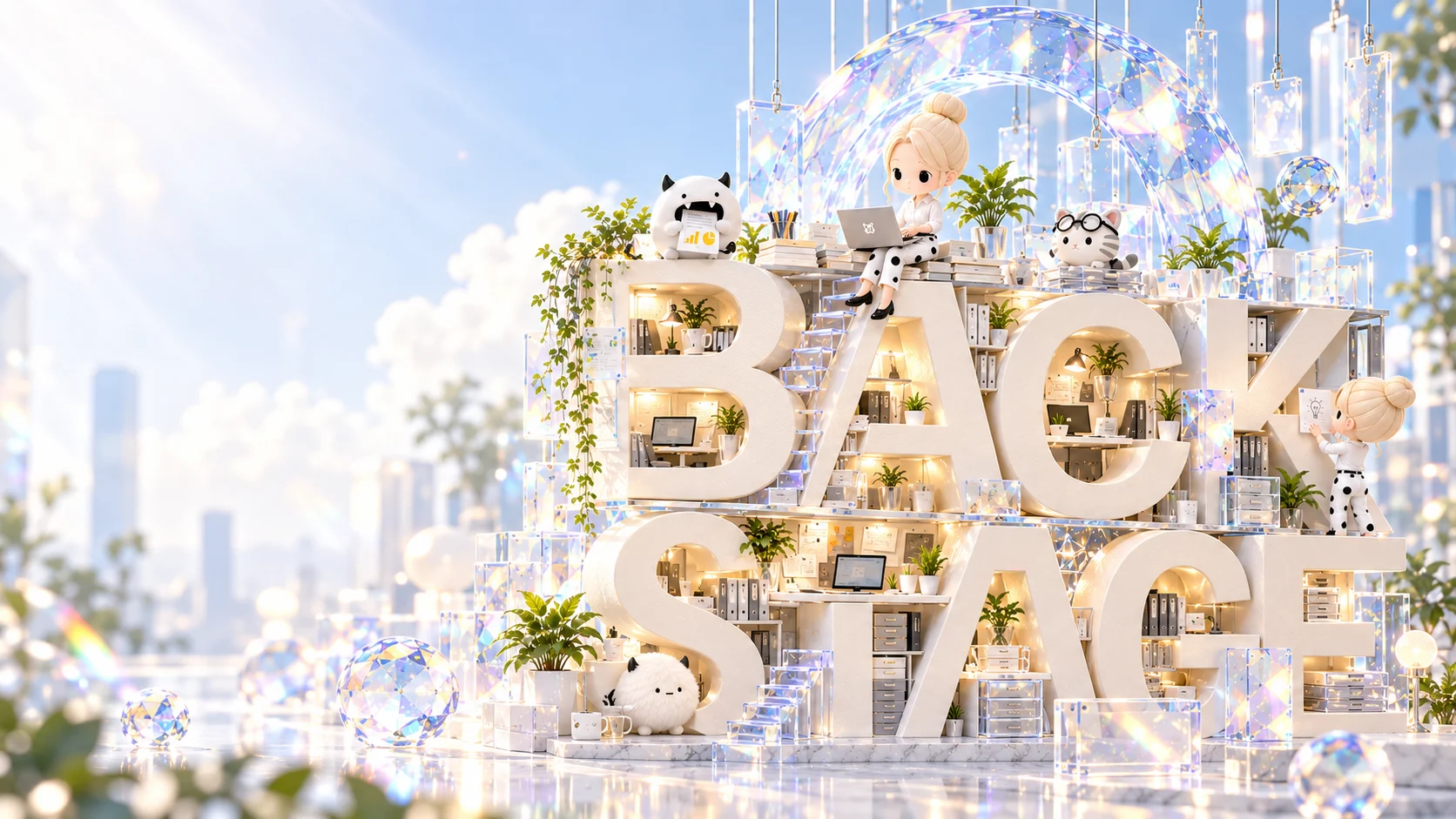 白く透明なBACKSTAGEの建物。中で小さなしろまるたちが働いている